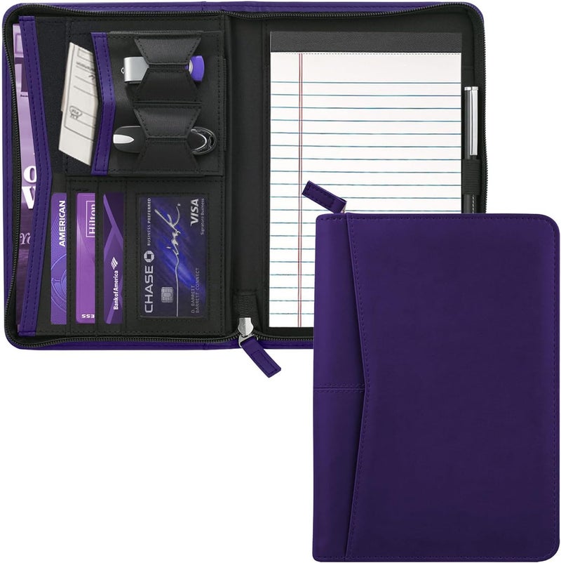 Gorbado Small Portfolio Organizer, A5 Zippered Business Portfolio, Junior Padfolio Folder Binder for Women & Men, 5 x 8 Writing Pad Included, Dark Purple - Image 1
